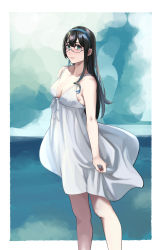 Rule 34 | 1girl, amanattou shigure, black hair, blue hairband, blue sky, breasts, cloud, commentary request, dress, feet out of frame, green eyes, hairband, highres, horizon, kantai collection, long hair, ocean, ooyodo (kancolle), semi-rimless eyewear, sky, small breasts, solo, sundress, under-rim eyewear, white dress