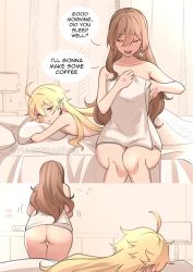 Rule 34 | 1boy, 1girl, aether (genshin impact), ahoge, alternate hairstyle, artist name, ass, bed, brown hair, comic, commentary, cup, earrings, eighth note, electro (genshin impact), english commentary, english text, closed eyes, from behind, genshin impact, hair down, hetero, highres, jewelry, knees, lamp, lisa (genshin impact), long hair, looking at another, looking to the side, lying, motion lines, musical note, on bed, on stomach, open mouth, orange eyes, pillow, pussy, sitting, squeans, smile, standing, towel, yuushiba