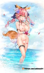 Rule 34 | 1girl, :d, animal ear fluff, animal ears, bare shoulders, black choker, blush, bottomless, bracelet, breasts, brown eyes, bubble, censored, choker, cleavage, cloud, collarbone, fate/grand order, fate (series), flower, food, fox ears, fox tail, hair flower, hair ornament, hand up, heart, heart censor, highres, holding, holding food, jewelry, large breasts, bridal garter, long hair, looking at viewer, luminous, navel, nipples, open mouth, patreon username, pink hair, popsicle, purple flower, smile, solo, standing, star (symbol), stomach, tail, tamamo (fate), tamamo no mae (fate/extra), wading, water