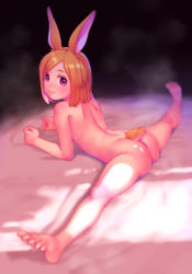 Rule 34 | 1girl, animal ears, bare arms, bare back, bare legs, bare shoulders, barefoot, blurry, closed mouth, depth of field, flexible, highres, looking at viewer, looking back, lying, nude, on stomach, original, pastime774, rabbit ears, rabbit girl, rabbit tail, short hair, solo, split, spread legs, straddle split, tail