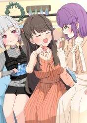 3girls :d absurdres bedroom black_shorts blurry blurry_background blush bob_cut breasts brown_cardigan brown_hair cardigan closed_mouth collared_shirt colored_inner_hair commentary_request cropped_cardigan diagonal_bangs dress dress_shirt eating elbow_cutout feet_out_of_frame fujishima_megumi fujishima_megumi_(winter_loungewear) green_eyes grey_hair grey_sweater hair_down hair_intakes hair_ornament highres holding_snack in-universe_location indoors inverted_bob kametora_(kametora02) large_breasts layered_sleeves link!_like!_love_live! long_dress long_hair long_sleeves loungewear love_live! multicolored_hair multiple_girls official_alternate_costume official_alternate_hairstyle open_mouth orange_dress orange_shirt otomune_kozue otomune_kozue_(winter_loungewear) pinafore_dress pointing pointing_at_mouth pointing_at_self profile purple_hair red_eyes red_hair ribbed_sweater shirt short_hair short_over_long_sleeves short_shorts short_sleeves shorts sidelocks sitting sleeveless sleeveless_dress smile snack star_(symbol) star_hair_ornament streaked_hair sweater two_side_up virtual_youtuber white_dress yugiri_tsuzuri yugiri_tsuzuri_(winter_loungewear)