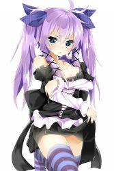Rule 34 | 1girl, ahoge, bare shoulders, blue eyes, blush, breast hold, breasts, cleavage, clothes lift, detached sleeves, fang, heart, heart-shaped pupils, highres, kakao (chocolate land), open mouth, original, purple hair, sidelocks, simple background, skirt, skirt lift, small breasts, solo, striped clothes, striped thighhighs, symbol-shaped pupils, teardrop, tears, thighhighs, twintails, white background, yukaribe setsuko, zettai ryouiki