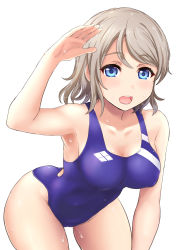 Rule 34 | 10s, 1girl, absurdres, arm up, blue eyes, blue one-piece swimsuit, blush, breasts, brown hair, competition swimsuit, covered navel, highres, inanaki shiki, looking at viewer, love live!, love live! sunshine!!, one-piece swimsuit, open mouth, salute, short hair, simple background, smile, solo, swimsuit, watanabe you, water, wet, white background