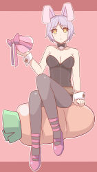 Rule 34 | 1girl, absurdres, animal ears, arm support, bare shoulders, battle bunny riven, black bow, black pantyhose, blush, boots, border, bow, breasts, carrot, cleavage, closed mouth, collar, collarbone, fake animal ears, female focus, frown, heart, highres, league of legends, leotard, light purple hair, looking at viewer, pantyhose, pink footwear, pink ribbon, playboy bunny, rabbit ears, ribbon, riven (league of legends), short hair, simple background, sitting, solo, yellow eyes, zhainan s-jun