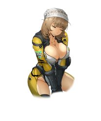 Rule 34 | 1girl, breasts, brown hair, cleavage, cropped legs, drooling, closed eyes, hat, large breasts, official art, short hair, solo, super robot wars, super robot wars x-omega, transparent background, v arms, watanabe wataru (character designer)