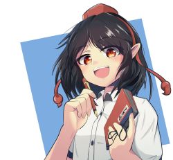 Rule 34 | 1girl, black hair, blush, breasts, buttons, collared shirt, commentary request, fingernails, hansode32, happy, hat, highres, holding, holding notebook, holding pen, nib pen (object), notebook, open mouth, pen, pointy ears, puffy short sleeves, puffy sleeves, red eyes, red hat, shameimaru aya, shirt, short hair, short sleeves, small breasts, tassel, teeth, tengu, tokin hat, touhou, two-tone background, upper body, upper teeth only, white shirt
