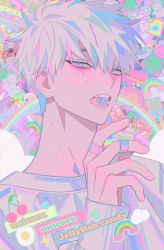 Rule 34 | 1boy, bandaid, bandaid on hand, blue eyes, candy, english text, food, hand up, highres, inplick, lollipop, long neck, long sleeves, looking at viewer, male focus, mouth hold, open mouth, original, shirt, short hair, solo, upper body, white hair, white shirt