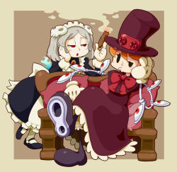 Rule 34 | 2girls, apron, bloody marie (skullgirls), cigar, couch, dress, female focus, gloves, hair ornament, hand on another&#039;s face, hat, maid, maid apron, maid headdress, mechanical arms, multiple girls, orange hair, peacock (skullgirls), pillow, pursed lips, red eyes, red upholstery, ribbon, seuteko, short hair, sitting, skull hair ornament, skullgirls, smoke, top hat, twintails