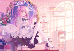 Rule 34 | 1girl, a20 (atsumaru), blue archive, dress, highres, indoors, long hair, looking at viewer, mika (blue archive), pink hair, shoes, sitting, solo, thighhighs, white dress, wings, yellow eyes