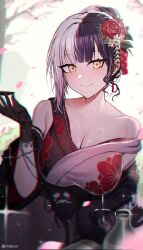 Rule 34 | 1girl, black hair, black kimono, blush, breasts, cleavage, flower, gloves, grey hair, hair bun, hair flower, hair ornament, highres, hololive, hololive english, japanese clothes, kimono, kotodekun, lace trim, large breasts, looking at viewer, multicolored hair, official alternate costume, shiori novella, shiori novella (new year), single hair bun, smile, solo, split-color hair, two-tone kimono, virtual youtuber, yellow eyes