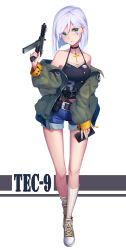 Rule 34 | 1girl, absurdres, arnold-s, belt, blue nails, blush, breasts, cellphone, choker, cleavage, closed mouth, collarbone, cross, cross choker, denim, denim shorts, full body, green eyes, gun, highres, holding, holding gun, holding phone, holding weapon, kneehighs, looking at viewer, medium breasts, nail polish, original, phone, shoes, short hair, short shorts, shorts, smartphone, sneakers, socks, solo, weapon, white hair, white socks