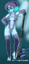 Rule 34 | 1girl, bintend9, breasts, cortana, female focus, glasses, halo (game), highres, nipples, pussy, text focus, uncensored, weapon