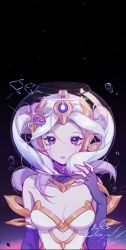 Rule 34 | 1girl, absurdres, bare shoulders, black background, breasts, cleavage, collarbone, cosmic destiny nami, fingerless gloves, fish, gloves, gradient background, hair ornament, helmet, highres, large breasts, league of legends, long hair, looking at viewer, nami (league of legends), parted lips, purple background, purple eyes, ruan chen yue, signature, solo, space helmet, teeth, twintails, white hair