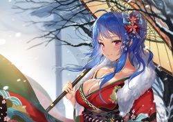 Rule 34 | 1girl, ahoge, azur lane, bare shoulders, blue hair, blush, bow, breasts, cleavage, closed mouth, collarbone, fur trim, hair bow, hair ornament, highres, japanese clothes, kimono, large breasts, looking at viewer, oil-paper umbrella, outdoors, pdxen, pink eyes, red bow, red kimono, short hair, smile, snow, solo, st. louis (azur lane), st. louis (spirits in the snow) (azur lane), transparent bow, tree, umbrella, winter