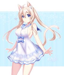 Rule 34 | 1girl, ?, animal ears, blonde hair, blue eyes, bow, breasts, cat ears, cat tail, closed mouth, dated, dress, konshin, large breasts, long hair, looking at viewer, original, phantasy star, phantasy star online 2, sideboob, signature, solo, standing, tail, twintails, white dress
