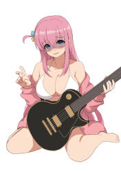 Rule 34 | 1girl, bikini, bocchi the rock!, breasts, cleavage, cube hair ornament, feet, gotoh hitori, guitar, hair between eyes, hair ornament, instrument, jacket, large breasts, long hair, long sleeves, looking at viewer, pink hair, pink jacket, simple background, sitting, solo, swimsuit, unzipped, v, vococo, wariza, white background, white bikini