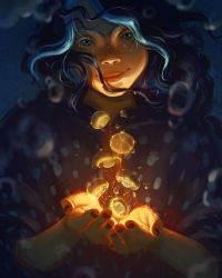 Rule 34 | 1girl, black hair, blue hair, bubble, colored eyelashes, devin elle kurtz, glowing, highres, jellyfish, looking at viewer, multicolored eyes, multicolored hair, nail polish, original, own hands together, red nails, shirt, smile, streaked hair, upper body