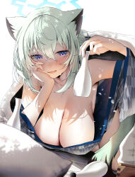 Rule 34 | 1girl, animal ears, arm up, armpits, bare shoulders, blue archive, blush, breasts, cleavage, crossed bangs, fingernails, green hair, hair between eyes, halo, head rest, highres, japanese clothes, kimono, large breasts, long fingernails, long hair, looking at viewer, naked kimono, nidaime (doronbo), open mouth, purple eyes, shigure (blue archive), shigure (hot spring) (blue archive), solo, tokkuri, weasel ears, white background