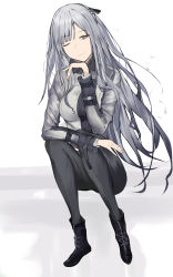 Rule 34 | 1girl, absurdres, ak-12 (girls&#039; frontline), bad id, bad pixiv id, black footwear, black pants, bodysuit, boots, girls&#039; frontline, hair ribbon, hand on headset, head rest, highres, jacket, long hair, looking at viewer, pants, purple eyes, ribbon, silver hair, sitting, sitting on object, smile, solo, tuan yi, white background