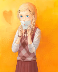 Rule 34 | 1girl, blonde hair, blue eyes, blush, braid, checkered clothes, checkered sweater vest, checkered vest, collared shirt, envelope, hair ornament, hairclip, heart, holding, holding envelope, kimmy howell, no more heroes, orange background, school uniform, shirt, simple background, skirt, solo, sweater vest, tochigai, vest, watch, white shirt, wristwatch