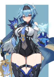 Rule 34 | 1girl, absurdres, black hairband, blue background, blue cape, blue gloves, blue hair, blue necktie, blush, boots, border, breasts, cape, chest harness, clothing cutout, covered navel, cowboy shot, eula (genshin impact), flower-land, genshin impact, gloves, gradient eyes, greatsword, hair between eyes, hair ornament, hairband, harness, high-waist shorts, highres, holding, holding sword, holding weapon, large breasts, medium hair, multicolored eyes, necktie, object floating above hand, purple eyes, shorts, shoulder cutout, side cape, sidelocks, skindentation, smile, solo, song of broken pines (genshin impact), straight-on, sword, thick thighs, thigh boots, thigh gap, thighs, two-tone eyes, vision (genshin impact), weapon, white border, wide sleeves, yellow eyes