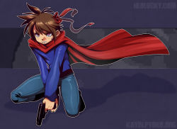 Rule 34 | 1boy, animification, artist request, belt, blush, brown hair, cape, denim, gun, hair ornament, hair ribbon, holding, i wanna be the guy, jeans, kneeling, male focus, neolucky, outline, pants, platform, purple eyes, red cape, red pupils, ribbon, short hair, solo, spiked hair, sweatdrop, the kid, weapon
