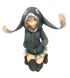 Rule 34 | 1girl, animal hood, black footwear, black thighhighs, blush, boots, closed mouth, clothes lift, collarbone, female focus, fu-ta, full body, grey hair, hair ornament, hairclip, hands in pockets, hood, hoodie, light brown hair, long sleeves, looking at viewer, miniskirt, original, pleated skirt, rabbit hood, shoes, simple background, skirt, skirt lift, smile, solo, thighhighs, thighs, usami taiga, white background, yellow eyes, zettai ryouiki, zipper