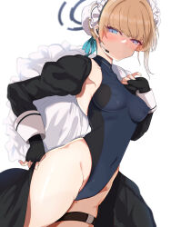 Rule 34 | 1girl, absurdres, bare shoulders, black gloves, black leotard, blonde hair, blue archive, blue eyes, blue leotard, blush, breasts, bun cover, covered collarbone, covered erect nipples, covered navel, earpiece, elbow gloves, fingerless gloves, gloves, hair bun, hair ribbon, halo, highleg, highleg leotard, highres, kawa mura, leotard, long sleeves, looking at viewer, maid headdress, ribbon, short hair, shrug (clothing), single hair bun, small breasts, solo, thigh strap, thighs, toki (blue archive), two-tone leotard