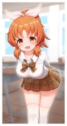Rule 34 | 1girl, abe nana, arms behind back, blurry, blurry background, blush, bow, bowtie, breasts, brown bow, brown bowtie, brown skirt, feet out of frame, highres, idolmaster, idolmaster cinderella girls, indoors, j2l, leaning forward, looking at viewer, medium breasts, orange hair, plaid, plaid bow, plaid bowtie, pleated skirt, ponytail, school uniform, shirt, skirt, smile, solo, thighhighs, white shirt, white thighhighs