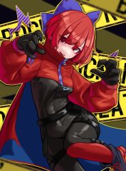 Rule 34 | 1girl, adapted costume, akatsuki records, black bodysuit, black gloves, blue bow, bodysuit, bow, breasts, cape, caution tape, claw pose, cloak, commentary request, covered navel, gloves, highres, latex, latex bodysuit, long sleeves, open mouth, puffy sleeves, red cape, red cloak, red eyes, red hair, ribbon-trimmed bow, rock &#039;n&#039; rock &#039;n&#039; beat, sekibanki, sekibanki day, shoes, short hair, skin tight, small breasts, sneakers, solo, touhou, two-sided cape, two-sided fabric, two-tone cape, zakozako y, zipper
