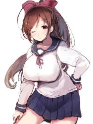 Rule 34 | 1girl, ;), alternate costume, blue sailor collar, blue skirt, bow, breasts, brown hair, commentary request, cowboy shot, hair bow, hair ornament, hairclip, hand on own hip, hand on own thigh, highres, kantai collection, large breasts, long hair, mamiya (kancolle), one eye closed, pleated skirt, ponytail, red bow, red neckwear, red ribbon, ribbon, sailor collar, school uniform, serafuku, skirt, smile, solo, sumisu (mondo)