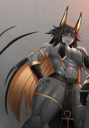 Rule 34 | 1girl, animal ears, black hair, breasts, claws, egyptian, egyptian clothes, huge breasts, jackal ears, multicolored hair, original, pink eyes