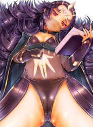 Rule 34 | 1girl, black hair, black panties, book, breasts, cameltoe, cape, facial mark, fire emblem, fire emblem fates, forehead mark, frown, holding, holding book, lips, long hair, lying, messy hair, nintendo, nyx (fire emblem), on back, panties, red eyes, see-through, simple background, small breasts, solo, teruru, tiara, underwear, veil, very long hair