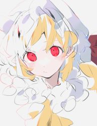 Rule 34 | 1girl, akagashi hagane, ascot, blonde hair, cropped torso, flandre scarlet, hat, looking at viewer, medium hair, mob cap, pointy ears, portrait, red eyes, red ribbon, ribbon, simple background, solo, touhou, white background, white hat, yellow ascot