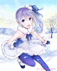 Rule 34 | 1girl, blue eyes, blush, fairy wings, gloves, harem gain, looking at viewer, momoyama momo, open mouth, outdoors, pantyhose, side ponytail, silver hair, smile, snow, solo, wings