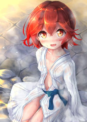 Rule 34 | 1girl, :d, blush, breasts, commentary request, covered erect nipples, fang, from above, highres, japanese clothes, kantai collection, kimono, looking at viewer, mutsuki (kancolle), naked kimono, nyahu (nyahu 77), open clothes, open kimono, open mouth, red eyes, red hair, short hair, sitting, small breasts, smile, solo, wading, wet, wet clothes, yukata