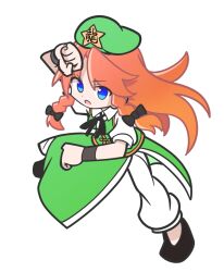 Rule 34 | 1girl, beret, black footwear, blue eyes, braid, clenched hands, commentary, green hat, green skirt, green vest, hat, hat ornament, hong meiling, long hair, looking at viewer, open mouth, orange hair, panties, parody, puyopuyo, shinmon akika, short sleeves, side braids, simple background, skirt, solo, star (symbol), star hat ornament, style parody, touhou, twin braids, underwear, v-shaped eyebrows, vest, white background, white panties, wristband