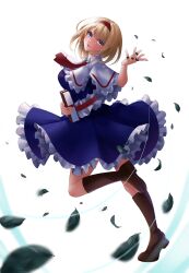 Rule 34 | 1girl, absurdres, alice margatroid, ascot, blonde hair, blue dress, blue eyes, blush, book, boots, brown footwear, capelet, dress, full body, hairband, highres, holding, holding book, leaf, looking at viewer, onikoroshi, open mouth, red ascot, red hairband, simple background, solo, touhou, white background, white capelet