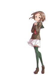 Rule 34 | 1girl, absurdres, brown cardigan, brown footwear, cardigan, closed mouth, commentary request, green thighhighs, highres, kagajou suzume, kusunoki mebuki wa yuusha de aru, loafers, long sleeves, looking at viewer, own hands clasped, own hands together, sakuria, school uniform, serafuku, shoes, short hair with long locks, simple background, smile, solo, standing, thighhighs, white background, yuusha de aru