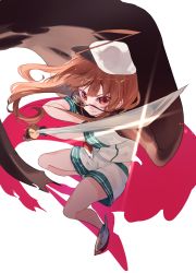 Rule 34 | 1girl, absurdres, ahoge, brown hair, cape, cosplay, eyepatch, unworn eyepatch, fighting stance, full body, hat, highres, kantai collection, kiso (kancolle), kiso (kancolle) (cosplay), kuma (kancolle), light, long hair, miwano rag, red eyes, saber (weapon), school uniform, serafuku, shadow, shoes, short sleeves, shorts, simple background, smile, solo, striped, sword, weapon