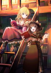 Rule 34 | 2girls, :d, absurdres, blonde hair, book, book stack, bookshelf, brown eyes, brown hair, dress, hair ribbon, hands up, happy, hat, highres, holding, holding book, knees together feet apart, ladder, library, light particles, long hair, maribel hearn, minus (sr mineka), multiple girls, no headwear, open book, open mouth, plaid, reading, ribbon, sitting, smile, standing, touhou, tress ribbon, usami renko