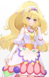Rule 34 | 1girl, apron, blonde hair, blue eyes, blush, bridal gauntlets, brooch, choker, commentary, cure finale, delicious party precure, heart, heart brooch, highres, jewelry, kanaria (cnra pre), kasai amane, long hair, magical girl, precure, smile, tiara, white background, white choker, wide ponytail