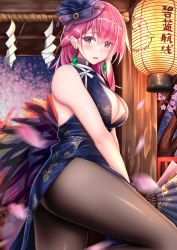 Rule 34 | 1girl, azur lane, bad id, bad pixiv id, bare shoulders, black prince (azur lane), black prince (fair maid spring) (azur lane), blush, breasts, cherry blossoms, chin gero, china dress, chinese clothes, cleavage, cleavage cutout, clothing cutout, dress, earrings, folding fan, gloves, hair between eyes, hand fan, hat, holding, holding fan, indoors, jewelry, knee up, large breasts, looking at viewer, night, open mouth, pantyhose, petals, pink eyes, pink hair, sidelocks, sky, solo, star (sky), starry sky, thighs