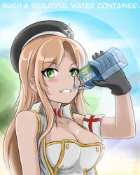 Rule 34 | 1girl, admiral paru, azur lane, beret, black gloves, blush, bottle, breasts, brown hair, cleavage, commentary, english commentary, english text, fiji (azur lane), fiji water, gloves, green eyes, hat, large breasts, looking at viewer, mole, mole under eye, name connection, object namesake, sleeveless, suggestive fluid, teeth, water bottle