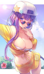 Rule 34 | 1girl, asymmetrical hair, backwards hat, bad id, bad twitter id, bandeau, bare shoulders, baseball cap, bb (fate), bb (fate) (all), bb (swimsuit mooncancer) (fate), bb (swimsuit mooncancer) (first ascension) (fate), blush, border, braid, breasts, cleavage, collarbone, fate/grand order, fate (series), fingers to chin, hand on own chin, hat, hat ornament, heart, heart-shaped eyewear, highres, jacket, large breasts, long hair, looking at viewer, looking over eyewear, looking over glasses, navel, off shoulder, one eye closed, open mouth, outstretched arm, purple-tinted eyewear, purple-tinted glasses, purple eyes, purple hair, selfie, single braid, skirt, solo, star (symbol), star hat ornament, sunglasses, thighs, tinted eyewear, very long hair, vivi (eve no hakoniwa), white hat, yellow jacket, yellow skirt