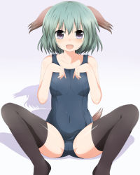 Rule 34 | 1girl, absurdres, alternate costume, animal ears, bad id, bad pixiv id, black hair, collarbone, covered navel, fangs, gradient background, green hair, grey eyes, highres, kasodani kyouko, looking at viewer, masa masa, one-piece swimsuit, open mouth, school swimsuit, shadow, sitting, smile, solo, spread legs, swimsuit, tail, thighhighs, touhou