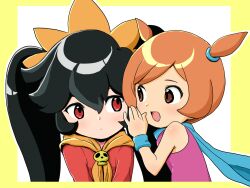Rule 34 | 2girls, :d, ana (warioware), ashley (warioware), bare shoulders, black hair, blue scarf, blue wristband, border, brown eyes, closed mouth, detesu, dress, flat chest, hair between eyes, hairband, highres, long hair, long sleeves, looking at another, multiple girls, neckerchief, nintendo, open mouth, orange hair, orange hairband, orange neckerchief, outline, purple shirt, red dress, red eyes, scarf, shirt, short hair, sidelocks, simple background, skull ornament, sleeveless, sleeveless shirt, smile, swept bangs, twintails, upper body, warioware, white background, white outline, wristband, yellow border