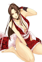 Rule 34 | 1girl, bad feet, bad id, bad pixiv id, bare shoulders, barefoot, between breasts, breasts, brown eyes, brown hair, cleavage, folded fan, eritan, hand fan, fatal fury, feet, female focus, fingerless gloves, folding fan, gloves, highres, large breasts, long hair, ninja, pelvic curtain, ponytail, shiranui mai, sitting, snk, solo, the king of fighters, thick thighs, thighs, toes, v arms, wariza
