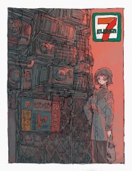 Rule 34 | 0kam0o, 1girl, 7-eleven, bag, border, brown hair, hand on own hip, highres, holding, holding bag, long sleeves, looking at viewer, original, red eyes, short hair, sign, solo, white border