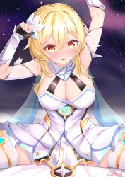 Rule 34 | 1girl, arms up, bare shoulders, black gloves, blonde hair, blush, breasts, cleavage, commentary request, dress, genshin impact, gloves, gmkj, hair between eyes, highres, long hair, lumine (genshin impact), medium breasts, night, night sky, parted lips, partially fingerless gloves, red eyes, signature, sitting, sky, solo, spread legs, star (sky), starry sky, thighhighs, white dress, white thighhighs